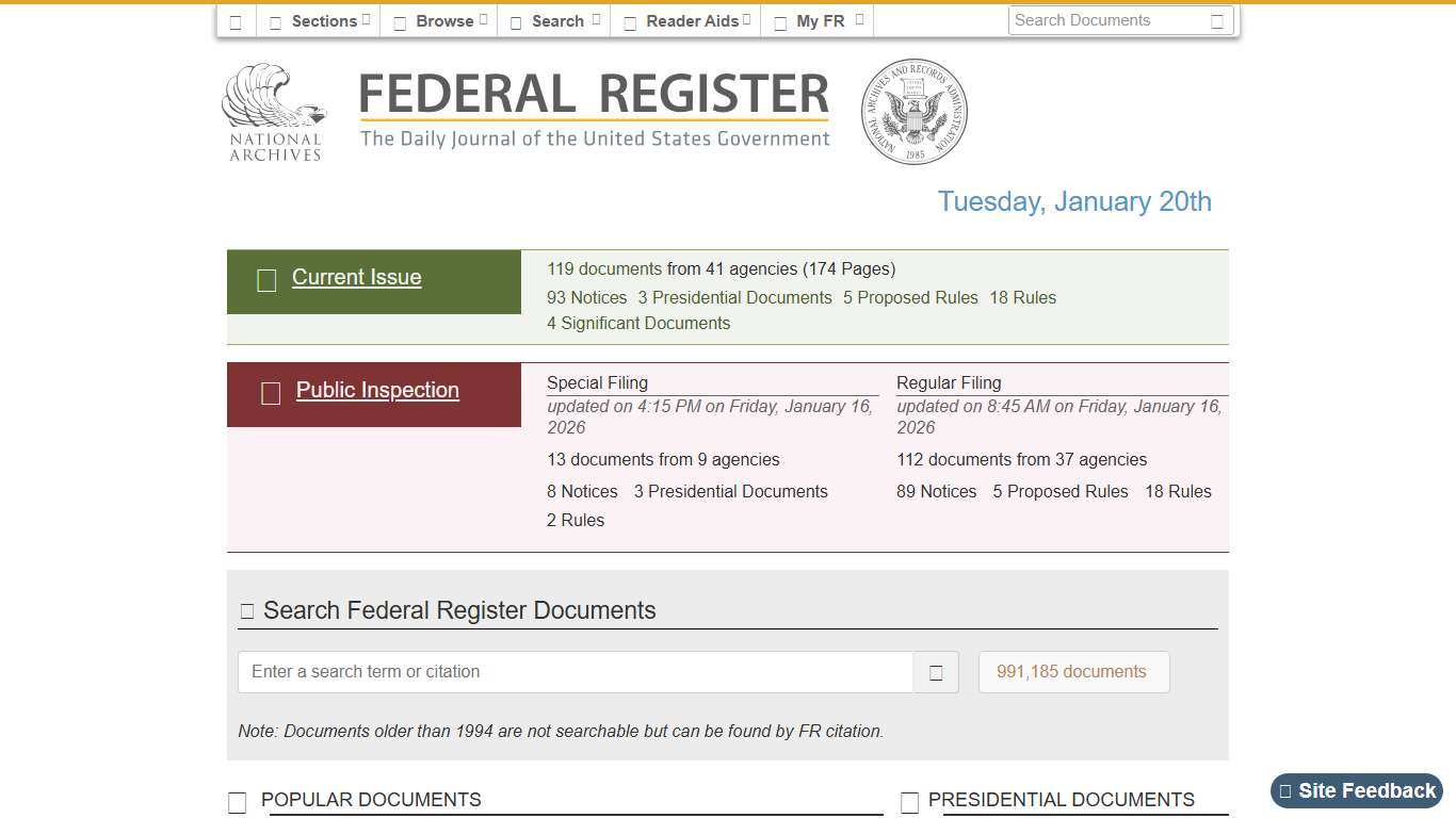 Federal Register :: Home - Tuesday, January 20th